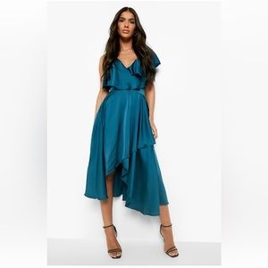 Boohoo SATIN RUFFLE WRAP DETAIL SKATER DRESS